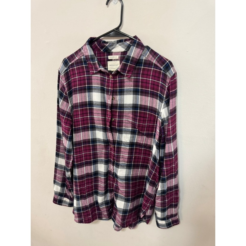 American Eagle Boyfriend Fit Plaid Flannel Shirt Purple Magenta Womens XL Soft